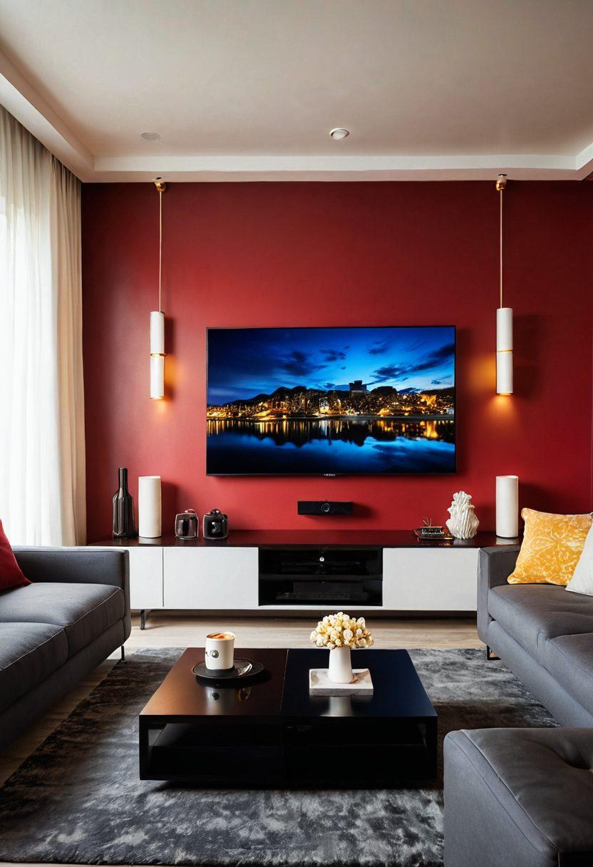 A visually enticing representation of a modern living room with a large, sleek TV displaying vibrant scenes from premium JAV films, plush sofas, and a stylish coffee table adorned with popcorn and drinks. The room is illuminated with soft ambient lighting creating a cozy atmosphere. A hint of digital elements like streaming icons or film reels on the walls to signify adult streaming. The color palette should include rich reds, deep blacks, and warm golds for an alluring vibe. super-realistic. vibrant colors. cozy atmosphere.