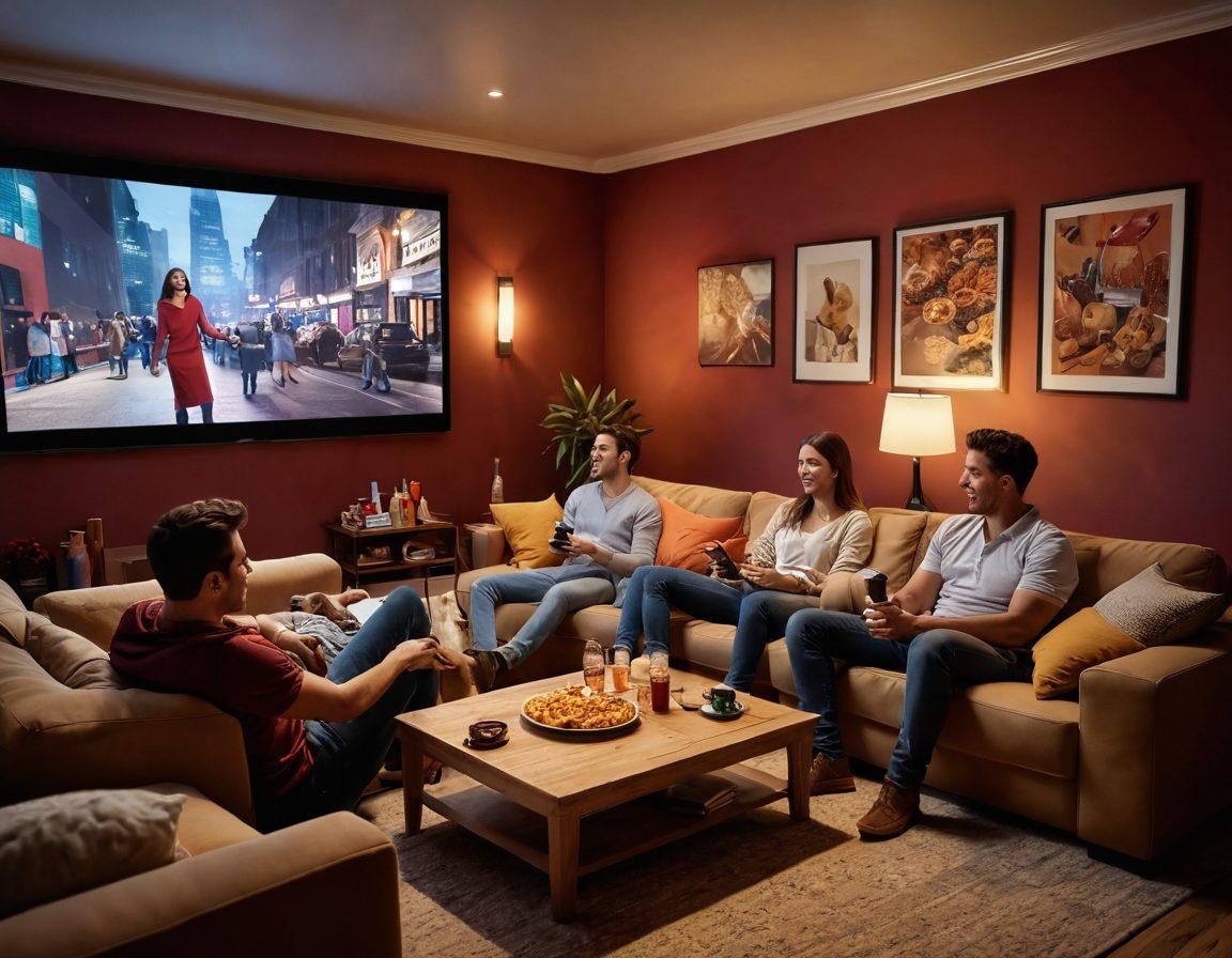 An inviting scene depicting a cozy home cinema atmosphere with a large screen displaying a high-quality video, plush seating, dimmed lights, and snacks scattered around. A diverse group of friends enjoying a film night together, showcasing varied expressions of excitement and engagement. Emphasize comfort, high-tech gadgets like a projector, and a warm ambiance to convey accessibility and enjoyment. vibrant colors. 3D.